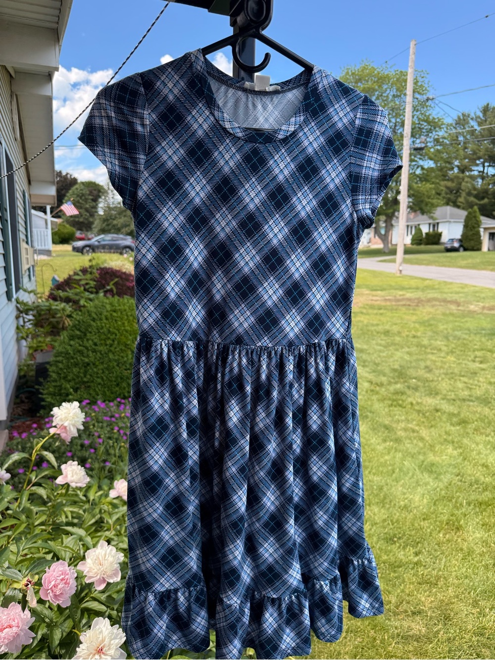 Knitworks Navy and Light Blue Plaid Short Sleeve Dress